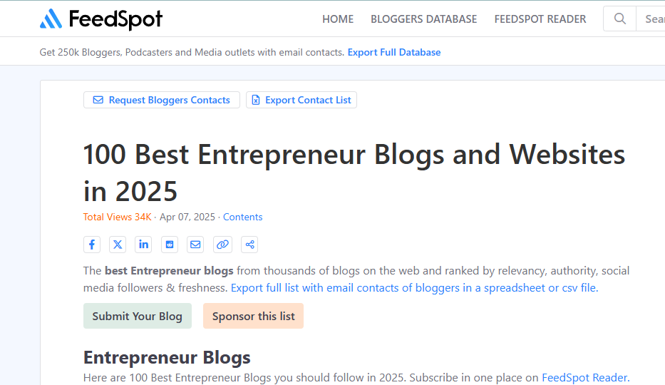 Feedspot Ranks Entrepreneurshiplife.com Among 2025’s Top 100 Entrepreneur Blogs